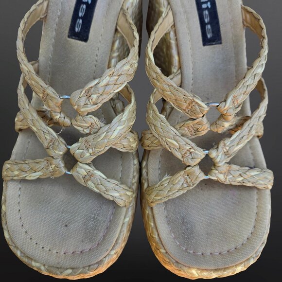 Vintage 90s Y2K Beige Chunky Platform Wedge Sandals Heels Size 10 Raffia Woven - Picture 3 of 9